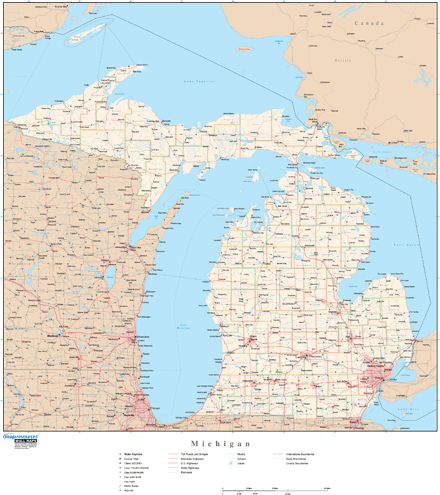 Michigan Wall Map with Roads