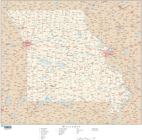 Missouri Wall Map with Roads