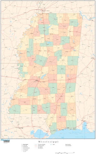Mississippi Wall Map with Counties