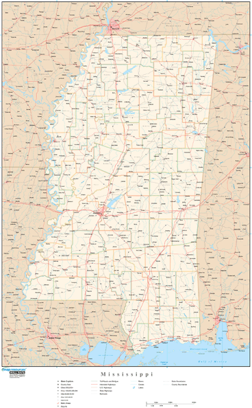 Mississippi Wall Map with Roads