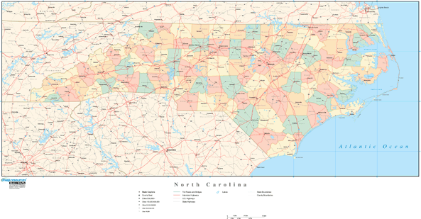 North Carolina Wall Map with Counties