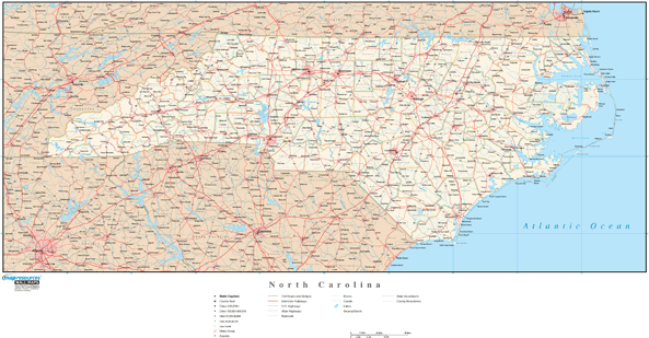 North Carolina Wall Map with Roads