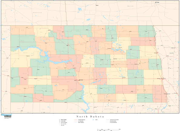 North Dakota Wall Map with Counties