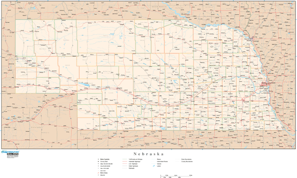 Nebraska Wall Map with Roads