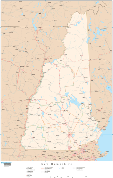 New Hampshire Wall Map with Roads