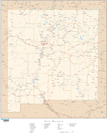 New Mexico Wall Map with Roads