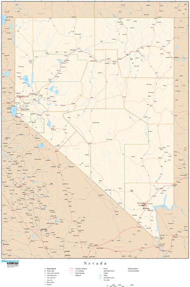 Nevada Wall Map with Roads