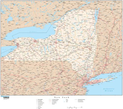 New York Wall Map with Roads