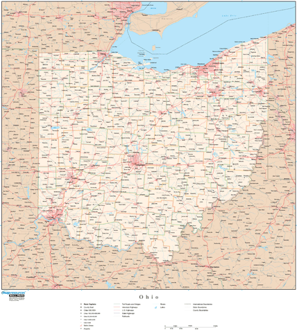 Ohio Wall Map with Roads