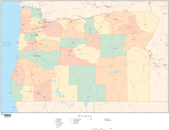 Oregon Wall Map with Counties