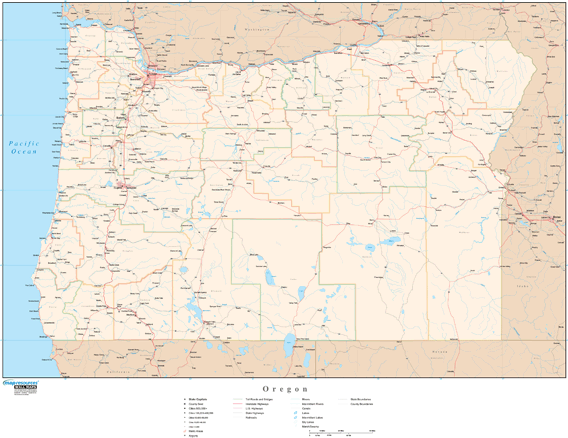 Oregon Wall Map with Roads