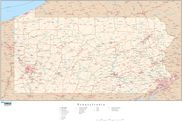 Pennsylvania Wall Map with Roads
