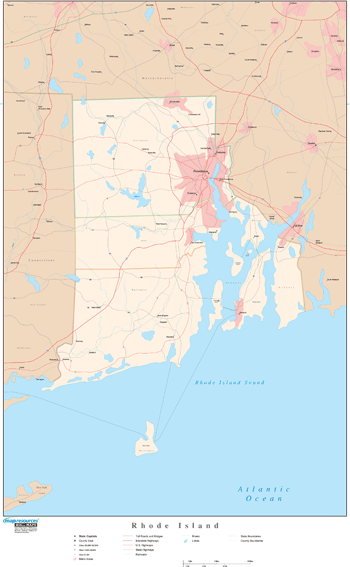 Rhode Island Wall Map with Roads