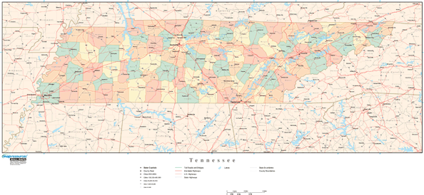 Tennessee Wall Map with Counties