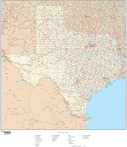 Texas Wall Map with Roads