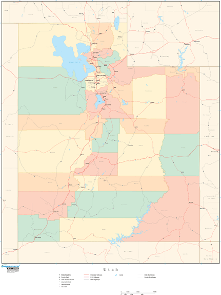 Utah Wall Map with Counties