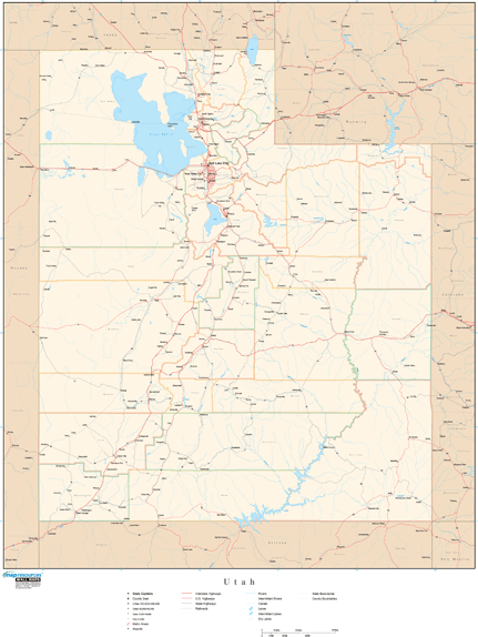 Utah Wall Map with Roads