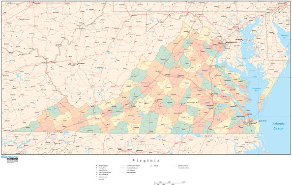 Virginia Wall Map with Counties