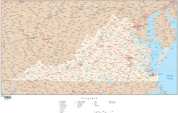 Virginia Wall Map with Roads