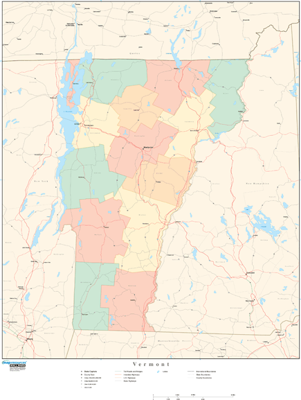 Vermont Wall Map with Counties