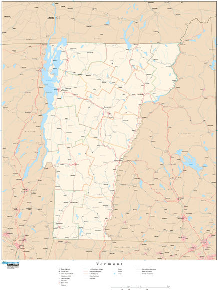 Vermont Wall Map with Roads