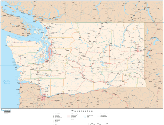 Washington Wall Map with Roads