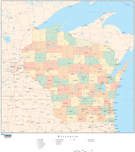 Wisconsin Wall Map with Counties