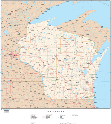 Wisconsin Wall Map with Roads