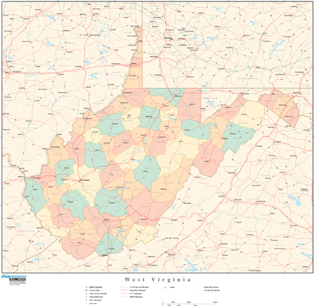 West Virginia Wall Map with Counties