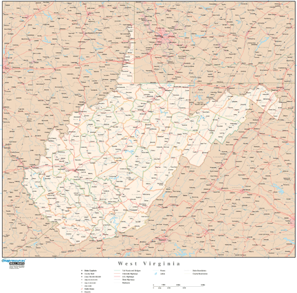 West Virginia Wall Map with Roads