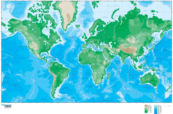 Europe Centered Physical Mercator Wall Map