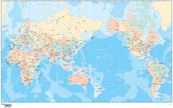 Japan Centered Physical/Political Mercator Wall Map