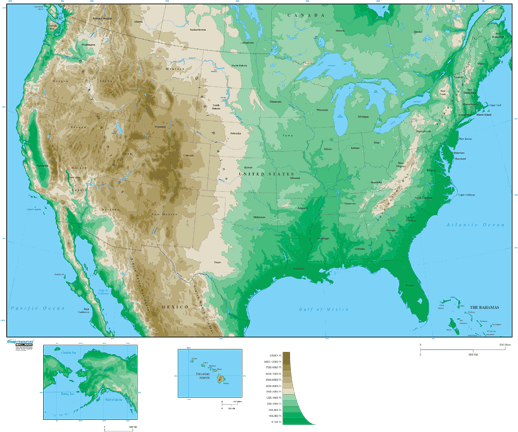 United States Physical Wall Map w/ Ocean