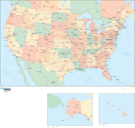 United States County Wall Map w/ Highways