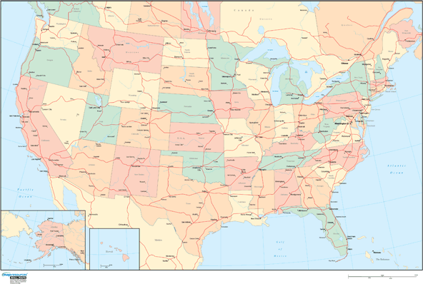 United States Political Wall Map w/ Highways and Oceans