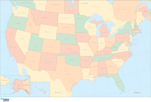 United States Simple Political Wall Map w/ Ocean