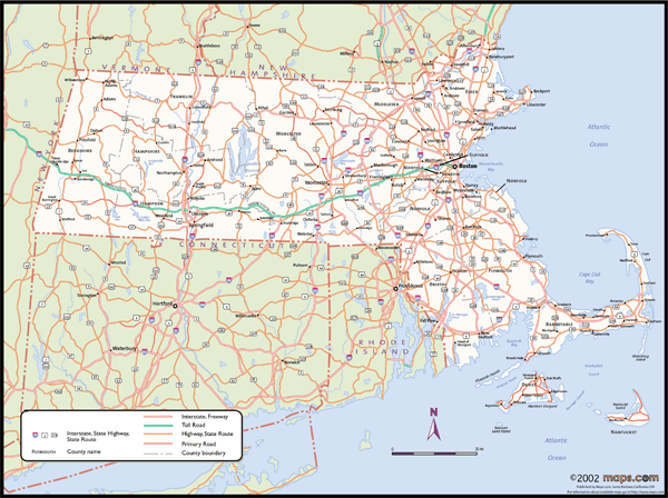 Massachusetts Wall Map with Counties