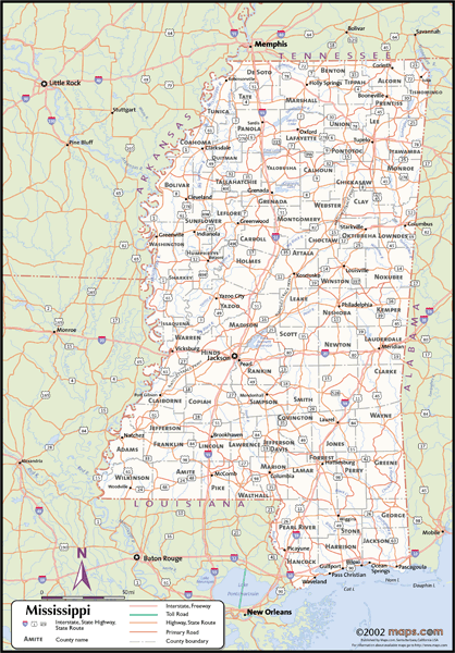 Mississippi Wall Map with Counties