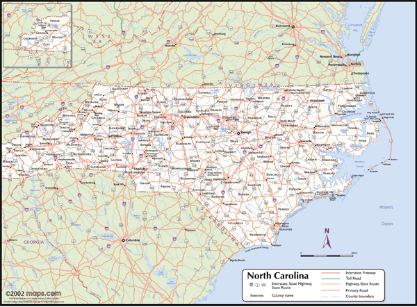 North Carolina Wall Map with Counties