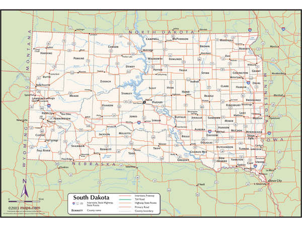 South Dakota Wall Map with Counties