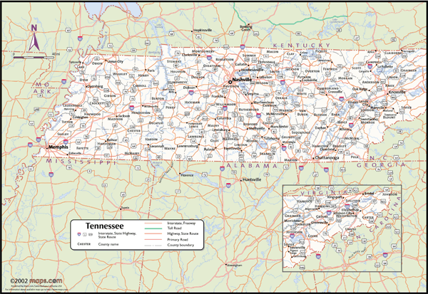 Tennessee Wall Map with Counties