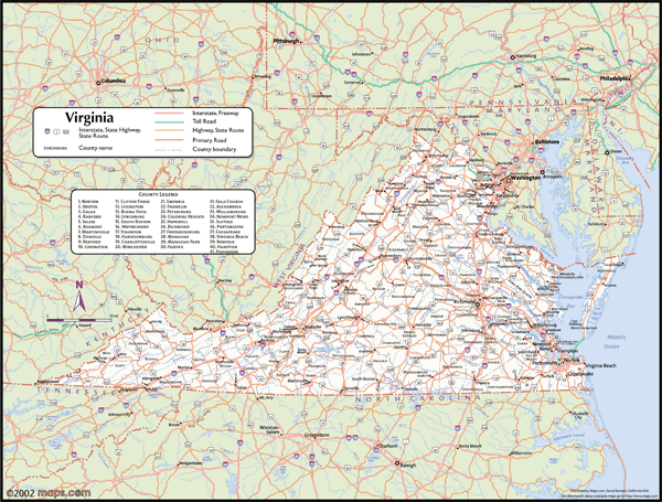 Virginia Wall Map with Counties