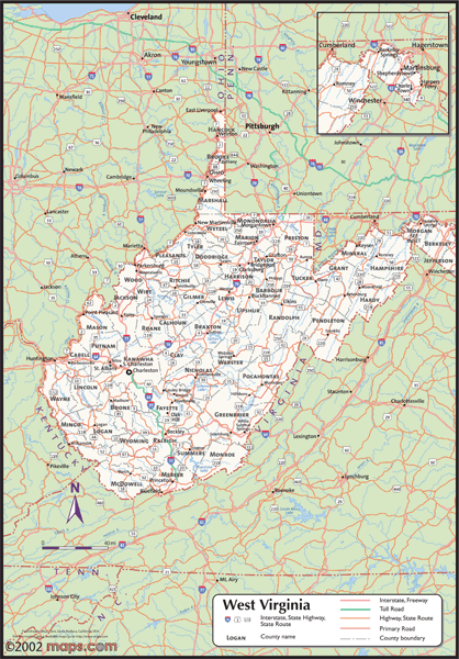 West Virginia Wall Map with Counties