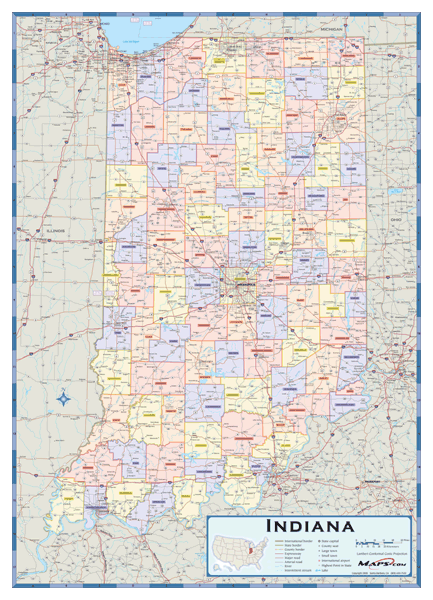 Indiana Counties Wall Map By Mapsales