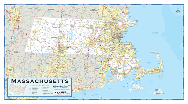 Massachusetts County Highway Wall Map