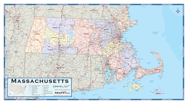 Massachusetts Counties Wall Map