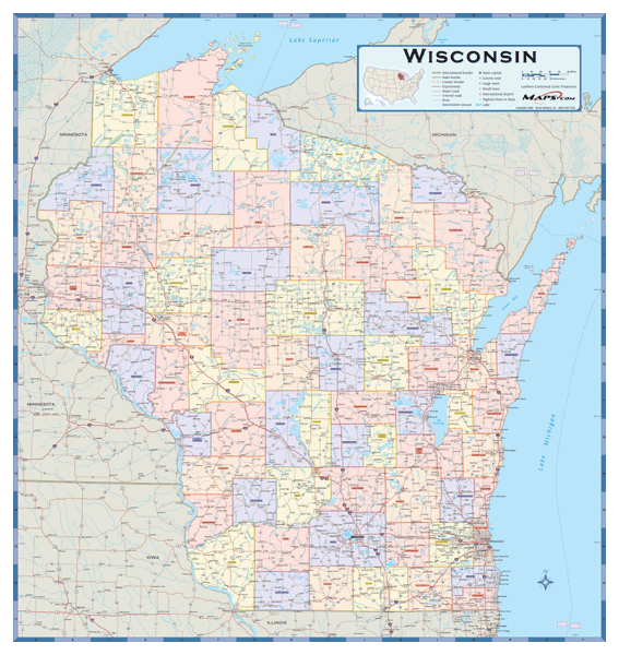 Wisconsin Counties Wall Map