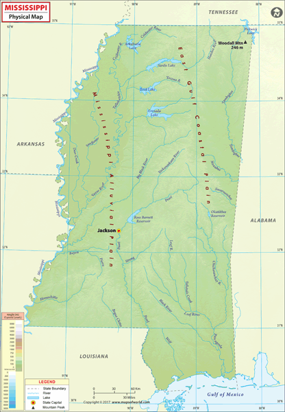 Mississippi Physical Wall Map