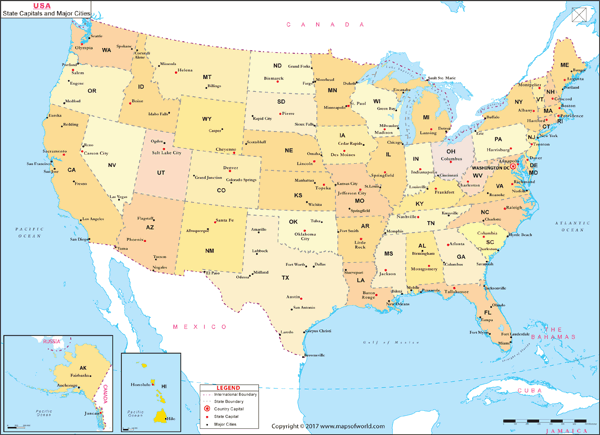 USA State Capital and Major Cities Wall Map