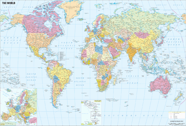 World Political with Cities Wall Map